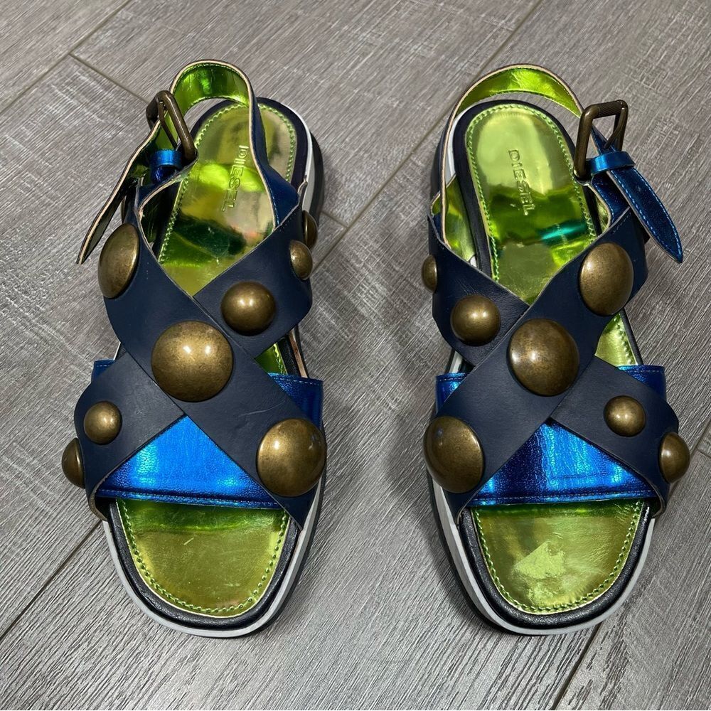 DIESEL Sandals Criss cross Chunky Studs Size 37 US7 Navy - Picture 2 of 15